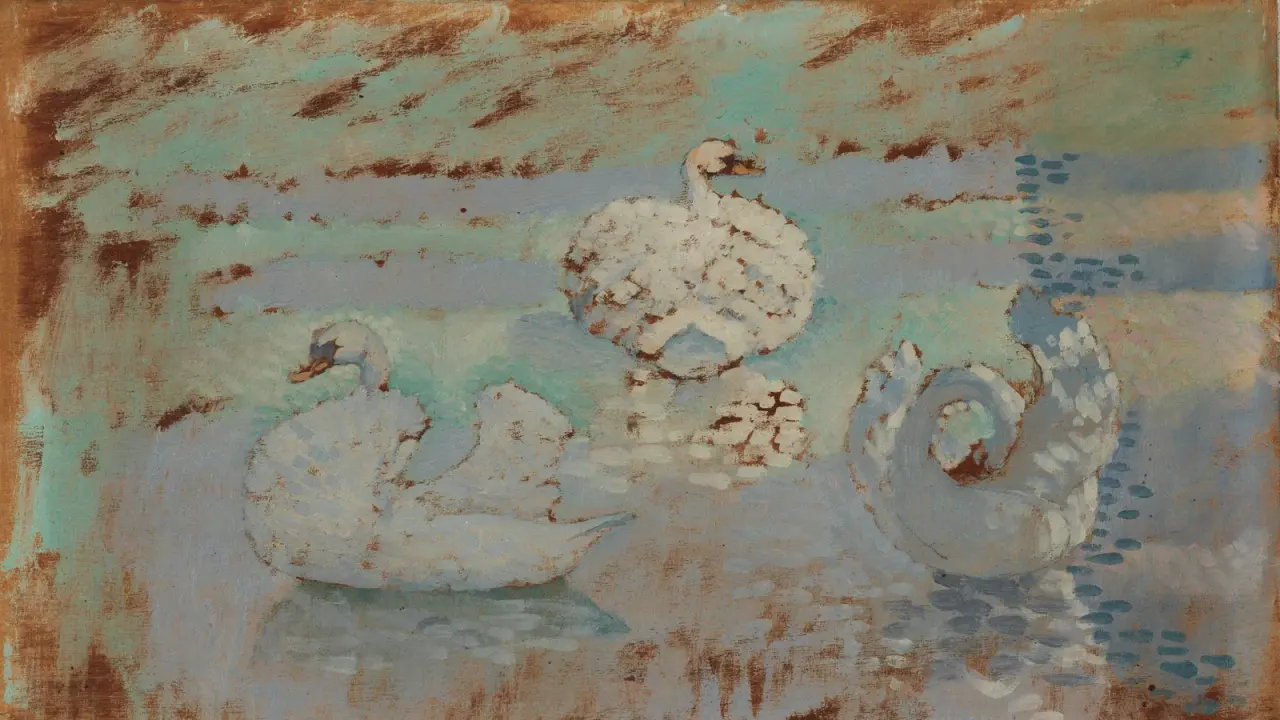 Gemälde von Henri-Edmond Cross mit drei weißen Schwänen auf blaugrünem Wasser.
