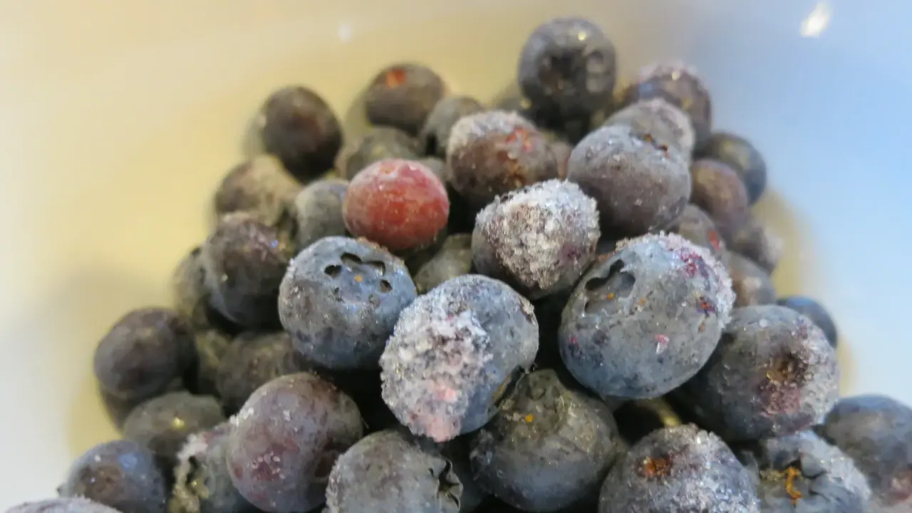 Mit Eiskristallen bedeckte tiefgefrorene Heidelbeeren in einer Schale